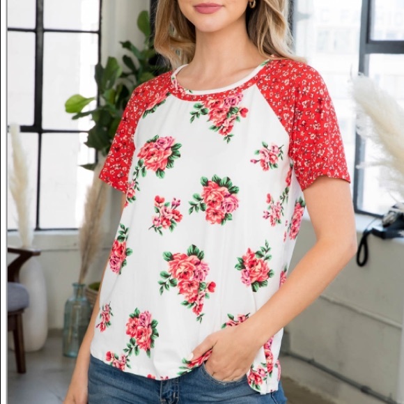 IVORY-PINK/CHERRY red -WINE red + white ROUND NECK FLORAL CONTRAST RAGLAN TOP - Picture 8 of 16
